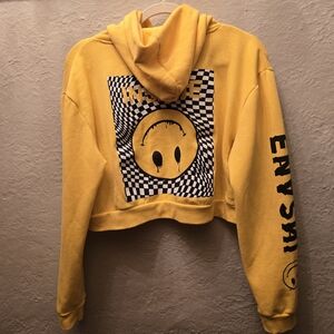 AMNESIA Yellow Cropped Graphic Hoodie | Smiley Back Print Y2K Streetwear (L)